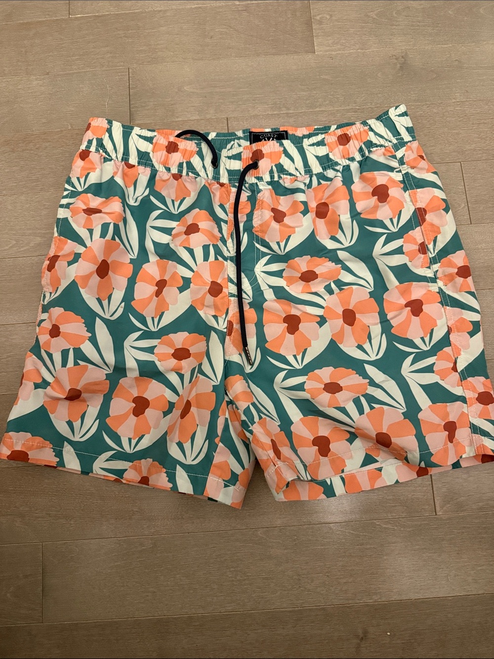 Men's Teal Floral Swim Trunks with Coral Print